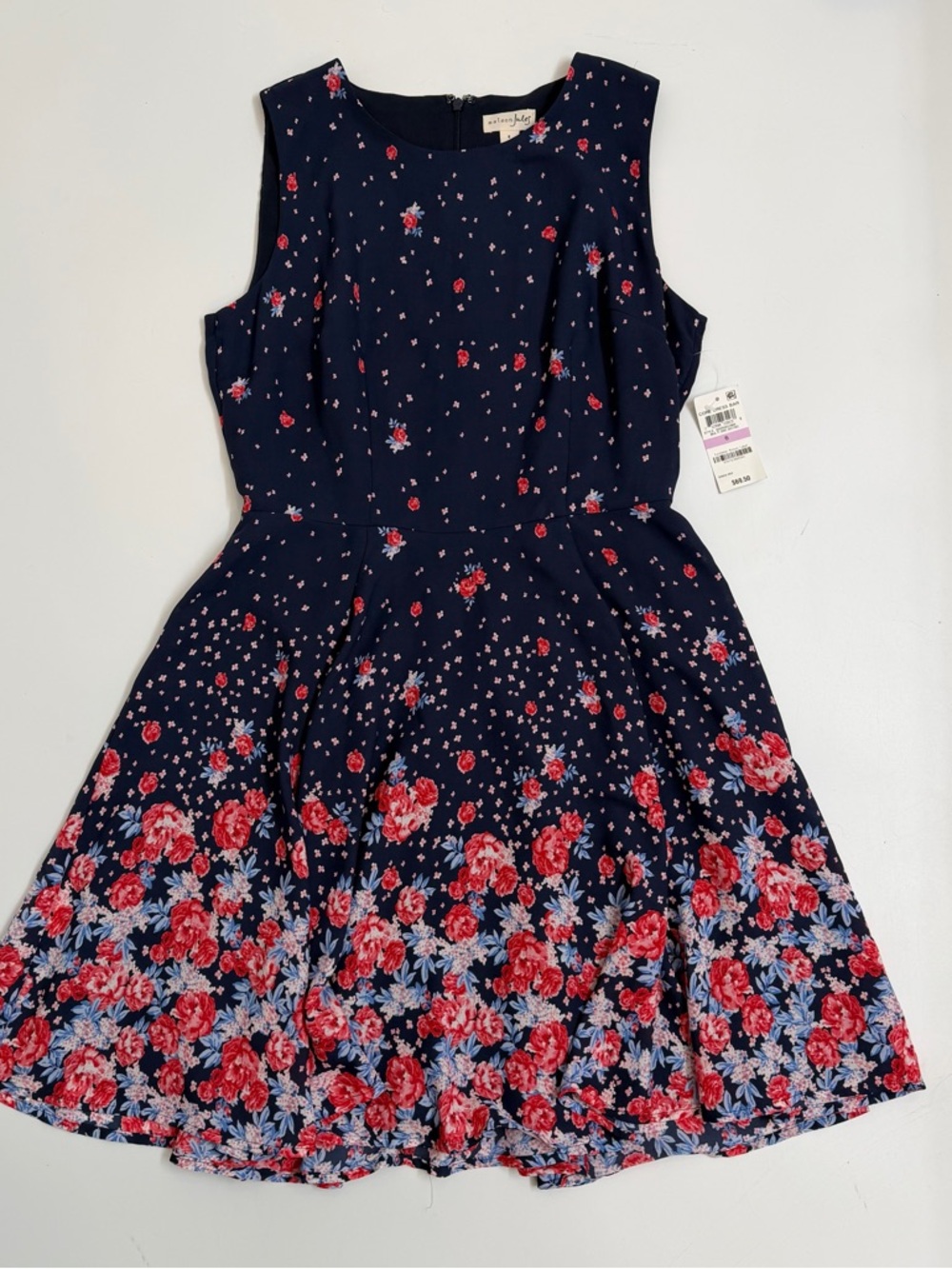 Maison Jules Floral Fit & Flair Dress Navy Rose Print Size 6 NWT